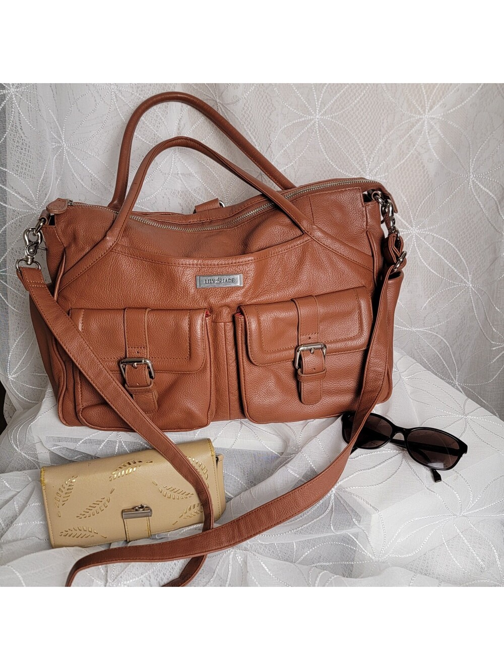 Lily Jade Brown Leather Large Satchel Shoulder Backpack Travel Bag Red Interior